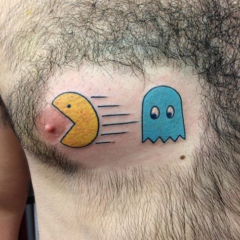 Forget the ghost - go for the nipple. By Jesse Dittmar #JesseDittmar #pacman #funny #computergames #arcadegame Pacman Tattoo, Pac Man Ghost, Pacman Ghost, Ghost Tattoo, Gaming Tattoo, Matching Tattoo, Ghost Design, Funny Tattoos, Pac Man