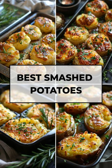 Discover the ultimate comfort food with these flavorful smashed potatoes recipes. From crispy smashed potatoes baked in the oven to classic smashed potato recipes, elevate your side dish game with these easy and delicious dishes. Whether you prefer a simple seasoned smashed potato recipe or a loaded version with all your favorite toppings, there's a recipe for everyone to enjoy. Try making these irresistible smashed potatoes at home for a tasty addition to any meal. Potatoes Smashed And Baked, Loaded Smashed Potatoes Baked, Baked Smashed Potatoes In The Oven, Smash Potatoes Baked, Smashed Potato Recipe, Smashed Potatoes In Oven, Oven Smashed Potatoes, Smashed Potato Recipes, Smash Potatoes Recipe