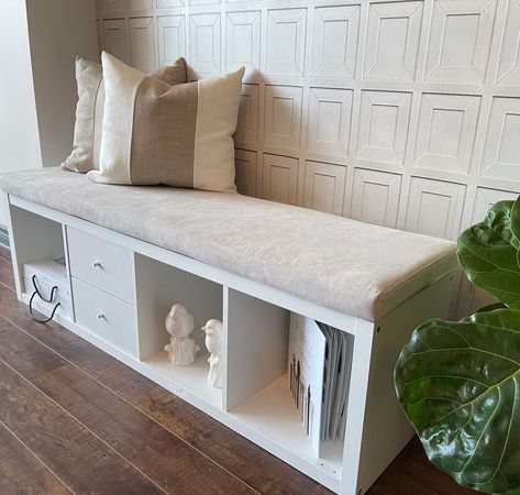 ikea furniture hacks, ikea living room hacks, ikea kallax hacks ideas, ikea organization hacks, ikea craft room hacks and tips, best ikea hacks, new ikea hacks ideas #ikeahacks Cushion Bench Seat, Ikea Hallway Bench, Kallax Bench Hack, Hallway Seating Ideas, Kallax Window Seat, Ikea Kallax Bench, Shop Ikea, Kallax Bench, Bookshelf Bench