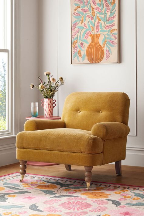 Yellow Velvet Armchair, Yellow Chair Office, Sofa Chairs For Bedroom, Mustard Accent Chair, Arm Chairs Bedroom, Jaipur Bedroom, Relax Chair Design, Mustard Headboard, Yellow Armchair Living Room