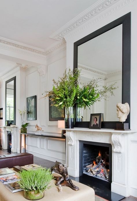 Beautiful 'bones' in this space.  xo--FleaingFrance Mirror Over Fireplace, Mirror Above Fireplace, Elegant Mantel, Living Room Classic, Fireplace Update, South Shore Decorating, Fireplace Mirror, Large Mirror, A Living Room