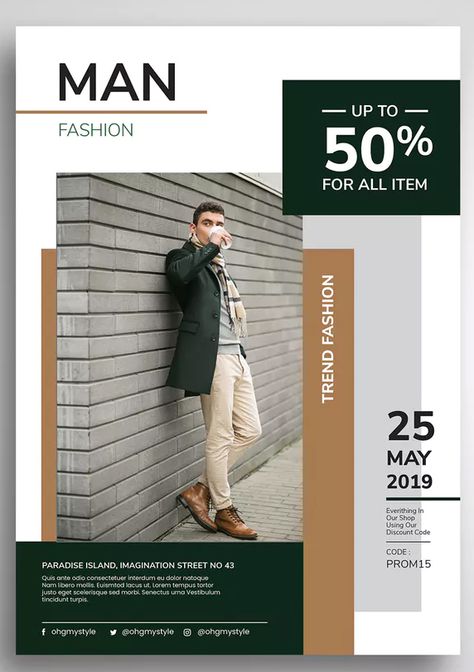 Men Fashion Promo Flyer Template PSD - A4. Download Fashion Posters Design, Fashion Design Flyer, Catalog Cover Design, Fashion Flyer, Fashion Website Design, Fashion Infographic, Catalogue Layout, Promo Flyer, Poster Idea