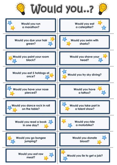 These are some fun conversation cards with "Would you" questions for your ESL students. Speaking Cards For Kids, English Class Ideas, English Class Activities, Speaking Activities English, Speaking Cards, English Speaking Practice, Esl Activities, English Games, Conversation Cards