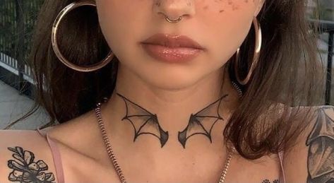 Sternum Tattoo Grunge, Goth Collar Bone Tattoo, Simple Neck Tattoos For Women, Danger Tattoo, Wing Neck Tattoo, Simple Neck Tattoos, Ran Haitani, Girl Neck Tattoos, Throat Tattoo