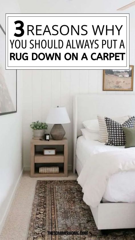 Discover the best home decor rules for putting a rug over carpet. Elevate your space with these expert tips for layering rugs in your home interior design. Rug On A Carpet Bedroom, Bedroom Small Rug, Bedroom Rug With Carpet, Rug On Carpet Living Room Apartments, Rug On Top Of Carpet Bedroom, Throw Rugs Over Carpeting, Rug Over Carpet Living Room Ideas, Bedroom Rug Inspiration, Rug Over Carpet Living Room