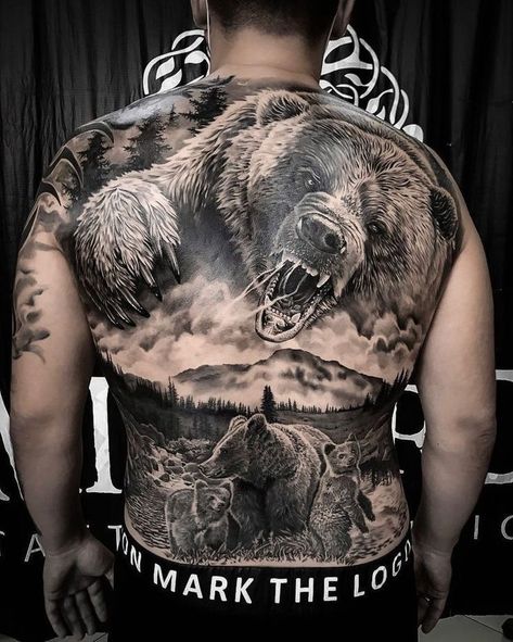 Grizzly Bear Back Tattoo, Grizzly Bear Tattoos For Men Back, Bear Back Tattoo Men, Animal Back Tattoos For Men, Native American Back Tattoos, Mens Full Chest Tattoo, Full Back Tattoo For Men Ideas, Bear Back Tattoo, Back Tattoos For Guys Full