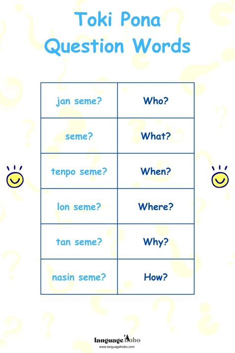 Learn how to ask questions in Toki Pona with this cheat sheet! Toki Pona Language, Toki Pona, Question Words, Word Form, Foreign Language Learning, Foreign Language, Learning Languages, Cheat Sheet, Ask Questions