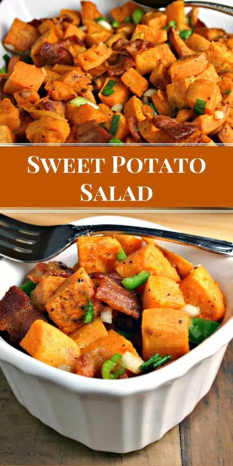 Sweet Potato Salad Cold, Food Sweet Potato, Potato Salad With Apples, Healthy Recipes Crockpot, Sweet Potato Salad Recipe, Recipes Potato, Sweet Potato Salad, Bacon Potato Salad, Salad Recipes Video