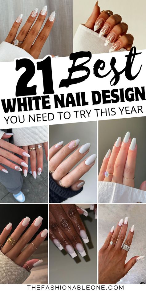 Nails french tip White Nail Polish Ideas Classy, Winter White Nails 2023 Trends, Elegant White Nails Classy, All White Almond Nails, White And Glitter Acrylic Nails, White Nails With Designs 2024, Almond Nail Styles, White Party Nails, Stylish Nails White