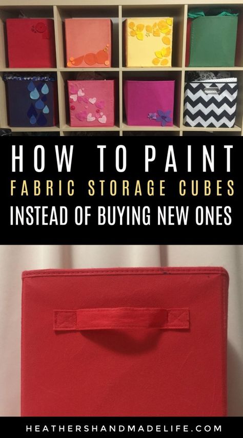 Can you paint fabric storage cubes? YES & NO Canvas Storage Cubes, Baskets In Cube Storage, Painting Fabric Storage Bins, Paint Cube Storage Bins, Painting Storage Cubes, Upcycle Storage Cubes, Fabric Cube Storage Bin Makeover, Paint Fabric Storage Cubes, Fabric Storage Bin Makeover