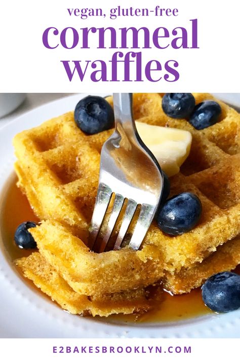 Cornmeal Waffles {Vegan & Gluten-Free} | e2 bakes brooklyn Corn Waffle Recipe, Gluten Free Cornmeal Pancakes, Waffles Vegan, Cornmeal Waffles, Cornmeal Recipes, Cornbread Waffles, Waffles Easy, Gf Bread, Flour Recipes