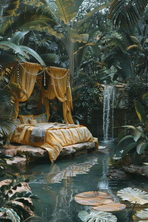 Dreamy Bedroom in Tropical Forest with Lush Pond and Waterfall Rainforest Bedroom, Rainforest Room, Forest Pond, Dreamy Bed, Inspirational Digital Art, Tropical Bedrooms, Surreal Scenes, Garden Waterfall, Lush Forest