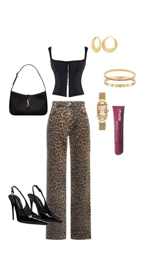 cheetah print jeans black top heels black purse Cheetah Print Jeans, Cheetah Print Jeans Outfit, Print Jeans Outfit, Going Out Outfit, Print Jeans, Black Purse, Printed Jeans, Jeans Outfit, Going Out Outfits