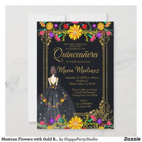 15 Decorations, Floral Black Background, Mexican Invitations, Quinceañera Invitation, Quince Invitations, Quinceanera Invitation, Mexican Flowers, Quinceanera Themes, Quinceanera Party