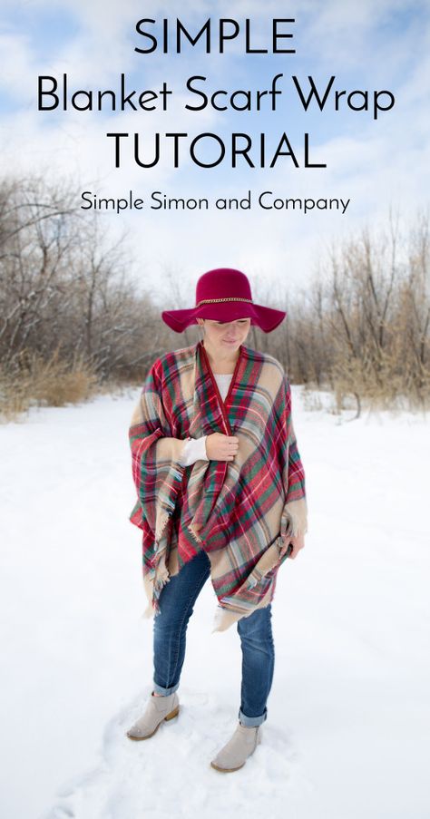 Blanket Scarf Wrap Tutorial - Simple Simon and Company Scarf Wrap Tutorial, Flannel Projects, Diy Blanket Scarf, Diy Scarves, Fleece Projects, Diy Blanket, Bleached Flannel, Blanket Cape, Scarf Vest