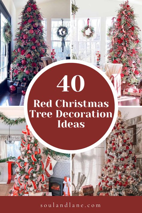 Non Traditional Christmas Tree Decor, Red And White Whimsical Christmas Tree, Sliver Red Christmas Tree, Red N White Christmas Tree, Minimalist Red Christmas Tree, Red And Silver Xmas Tree, Red Christmas Balls Decorating Ideas, Christmas Red Tree Ideas, Christmas Tree Red And White Decorations