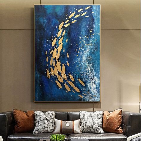 Abstract paintings on canvas original Gold art fish ocean Sea | Etsy Gold Fish Painting, Abstract Paintings On Canvas, Navy Blue Wall Art, Fish Ocean, Canvas For Beginners, Stretched Painting, Acrylic Painting For Beginners, Sea Painting, Gold Fish