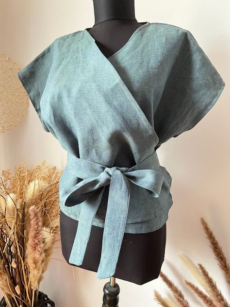 NEW Colors Linen Wrap Blouse for Women Linen Wrap Top Linen - Etsy Vietnam Wrap Top Outfit Classy, Linen Clothes For Women Classy, Wrap Top Outfit, Wrapped Blouse, Linen Wrap Top, Handmade Blouse, White Linen Top, Tops For Women Casual, Linen Bottoms