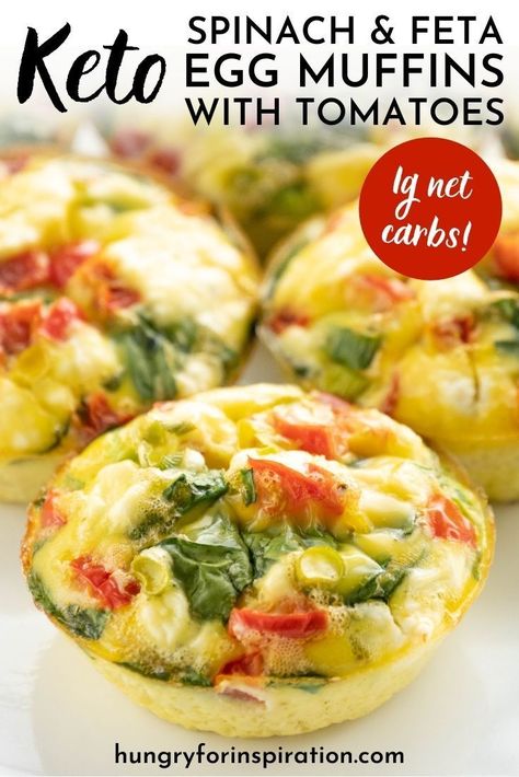 Looking for a vegetarian breakfast idea that's also ketogenic? If yes, our keto spinach, feta & tomato egg muffins with only 1g net carbs are just what you need! They taste great, are quick and easy to make and can also be used as a meal prep breakfast - a real keto breakfast all-rounder! Keto Egg Muffins, Vegetable Muffins, Feta Tomato, Keto Spinach, Tomato Egg, Spinach Breakfast, Egg Muffins Recipe, Low Carb Muffins, Spinach Feta