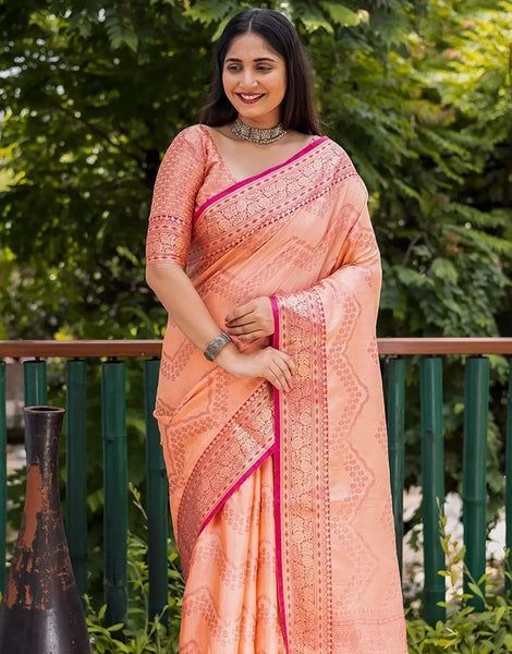 Peach Pink Saree, Kanjivaram Saree, South Indian Sarees, Pink Border, Blue Bridal, Kanjivaram Sarees, Printed Saree, Banarasi Saree, Kanchipuram Saree