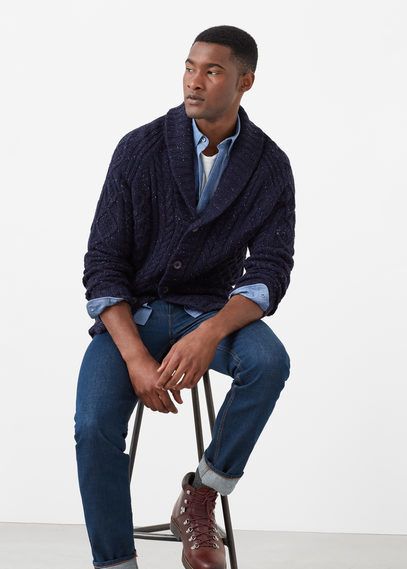 MANGO MAN Cotton Wool-Blend Cardigan Navy Cardigan Outfit Men, Blue Cardigan Outfit Men, Outfit Sombrero, Navy Cardigan Outfit, Chunky Cardigan Outfit, Blue Cardigan Outfit, Mens Fashion Cardigan, Cardigan Azul, Daily Fits