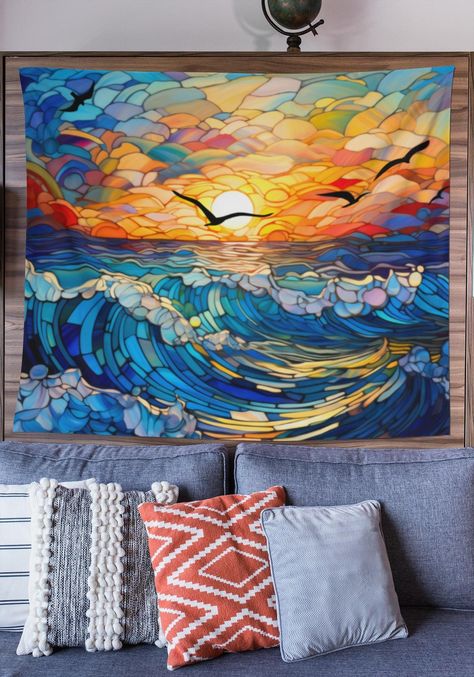 A colorful wall tapestry is a surefire way to uplift any room's aesthetics, and this lovely ocean beach sunset in stained glass design is just the one! This 100% Polyester wall tapestry comes with hemmed edges for extra durability to ensure years' worth of decorating bliss.  .: 100% Polyester .: Chose from 8 different sizes (4 landscape, 4 portrait)  .: Z Hemmed edges Care Instructions Wash only cold machine wash with similar colors garments using a gentle cycle.  Tumble dry on low settings or h Scenery Sunrise, Sunset Tapestry, Sunrise Home, Watercolour Inspiration, Nature Scenery, Beachy Waves, Design Landscape, Mosaic Wall Art, Ocean Sunset