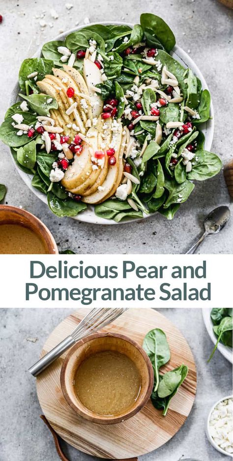 Pomegranate and Pear Salad has feta cheese, pears, almonds, and pomegranates over a bed of fresh spinach, drizzled with a homemade dressing. via @betrfromscratch Pomegrante Salad, Pear And Pomegranate Salad, Unique Pasta Salad, Feta Cheese Salad, Tastes Better From Scratch, Pomegranate Salad, Green Salad Recipes, Pear Salad, Fresh Spinach