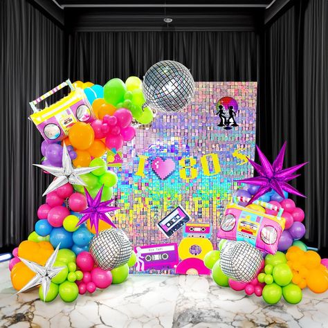 80s Themed Birthday Party Ideas For Adults, Disco Balloon Garland, 90s Birthday Party Theme, Disco Theme Birthday Party, Disco Theme Birthday, 80s Theme Party Decorations, Prom Theme Party, 90s Disco, Music Party Decorations