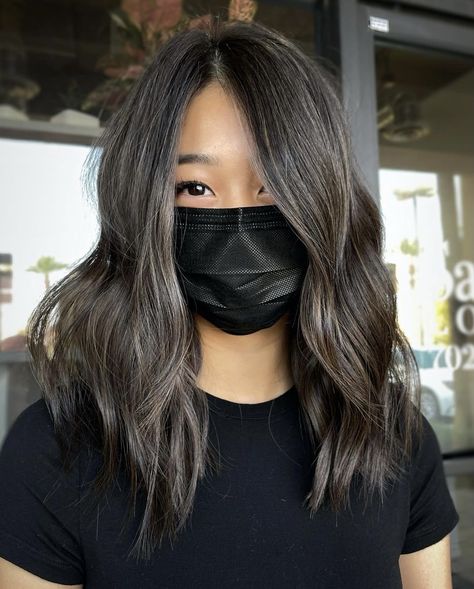 Asian Hair Mushroom Brown, Dark Balayage Black Ash, Ash Brown Glaze Hair, Straight Mushroom Brown Hair, Dark Brunette Partial Highlights, Ashy Brown Hair Balayage Asian, Mushroom Brown Straight Hair, Mushroom Brown Babylights On Dark Hair, Mushroom Black Hair