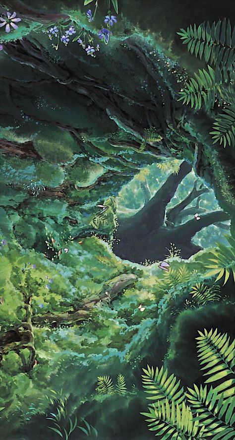 Studio Ghibli Forest Wallpaper, Ghibli Forest Wallpaper, Studio Ghibli Trees, Ghibli Background Landscapes, Studio Ghibli Forest, Studio Ghibli Nature, Ghibli Background Art, Totoro Garden, Ghibli Green