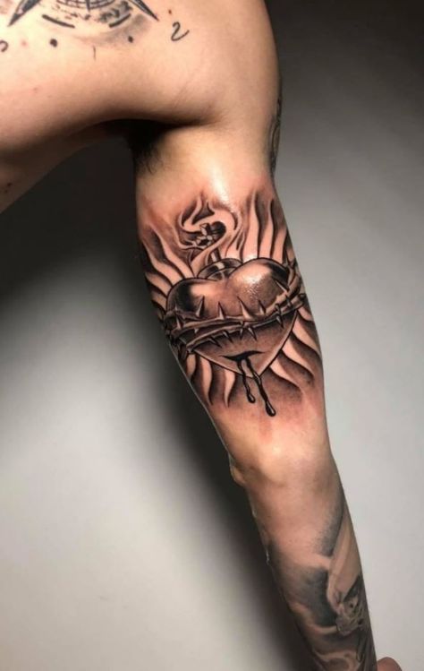 Sagrado Corazon Tattoo, Inner Bicep Tattoo Ideas, Bicep Tattoos For Men, California Tattoos, Bicep Tattoo Ideas, Bicep Tattoo Women, Angle Tattoo, Unique Cross Tattoos, Bicep Tattoos