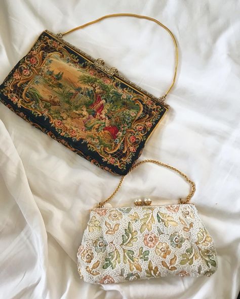 Vintage purses, beaded purse, needlepoint, French needlepoint, 1950s purse, vintage bag, vintage clutch, 1960s purse, handbag, vintage embroidery, vintage fashion, vintage aesthetic, aesthetic purse Vintage Purses 1950s, Vintage Beaded Bag, Needlepoint Purse, Victorian Purses, Purse Aesthetic, Embroidery Purse, French Tapestry, Embroidered Purse, My Style Bags