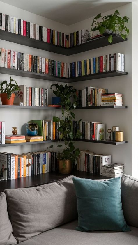 Small Corner Book Shelves, Bookshelves In Living Room With Tv Corner, Loving Room Desk, Piano Books Storage, Floating Shelves Corner Living Room, Open Book Shelves Living Room, Books In Living Room Small Spaces, Plant Shelves Corner, Corner Shelves For Bedroom