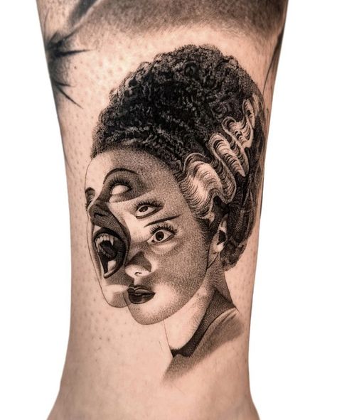 Bride Of Frankenstein Tattoo, Frankenstein Tattoo, Voodoo Doll Tattoo, Chucky Tattoo, 13 Tattoos, Brides With Tattoos, Spooky Tattoos, Horror Tattoo, Bride Of Frankenstein