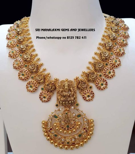 Sri Mahalakshmi Gems And Jewellers, Mahalakshmi Jewellers, Gold Temple Necklace, Emerald Haram, Temple Necklace, 22 Carat Gold Jewellery, Gold Temple Jewellery, Gold Necklace Indian, Gold Necklace Indian Bridal Jewelry