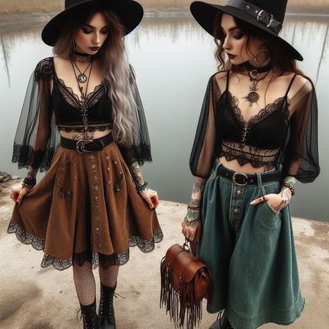 Edgy And Feminine Outfits, Rock N Roll Chic Outfits, Witchy Rocker Style, Autumn Music Festival Outfit, Witchy Corset Outfit, Witchy Beach Outfit, Grunge Witch Aesthetic Outfit, Whimsigoth Style Outfits, Lunarpunk Aesthetic Outfits