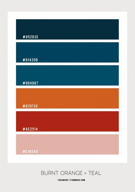 Burnt Orange + Dark Coral + Teal Bedroom For Modern Chic Looks Burnt Orange Blue Bedroom, Dark Blue Orange Color Palette, Orange Bedroom Color Schemes, Burnt Orange Blue Color Palette, Blue And Burnt Orange, Burnt Orange And Blue Living Room, Orange And Blue Bedroom Ideas, Teal Blue Palette, Blue And Burnt Orange Bedroom