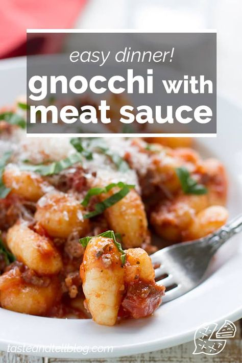 This easy Gnocchi with Meat sauce is a stove-top dinner that brings together potato gnocchi with a hearty meat sauce for a dinner recipe that the whole family will love. Gnocchi With Meat Sauce, Easy Gnocchi, Pasta With Meat Sauce, Spaghetti Meat Sauce, Making Gnocchi, Easy Spaghetti, Potato Gnocchi, Meat Sauce, Ground Meat