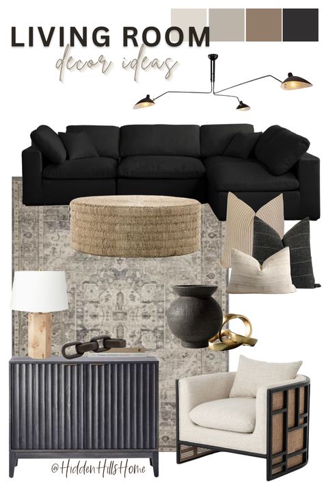 Living room mood board with black and tan tones throughout Black Sofa Living Room Decor, Black Sofa Living Room, Moody Living Room, Black And White Living Room, Black Living Room, Casa Vintage, Neutral Living Room, Black Furniture, Decor Home Living Room