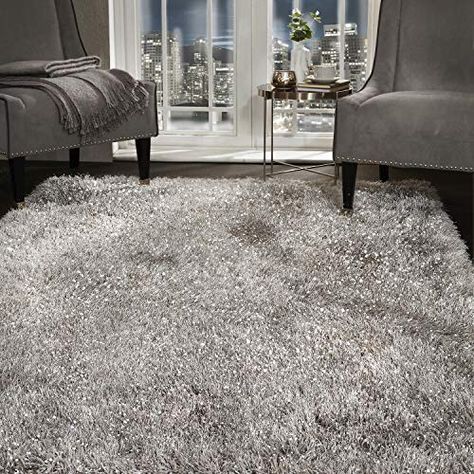 SHAGGY RUG Super Plush Extra Large Rugs Living Room with SHIMMERING SPARKLE GLITTER STRANDS Fluffy 55mm Thick Pile Height Modern Area Rugs - (Silver Grey, 200cm x 290cm (6.6ft x 9.5ft)): Amazon.co.uk: Kitchen & Home Large Rugs Living Room, Silver Living Room, Dark Carpet, Rugs Living Room, Extra Large Rugs, Living Room Accessories, Silver Rug, Contemporary Living Spaces, Shaggy Rug