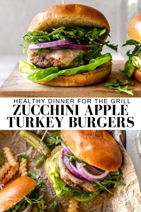 Zucchini Apple Turkey Burgers are a summertime staple around here with a little unexpected flavor and classic burger goodness. Veggie Turkey Burgers, Turkey Zucchini Burgers, Apple Turkey Burgers, Healthy Turkey Burger Recipes, Duck Burger Recipe, Turkey Burger Toppings, Apple Burger, Zucchini Burgers, Cooking Planner