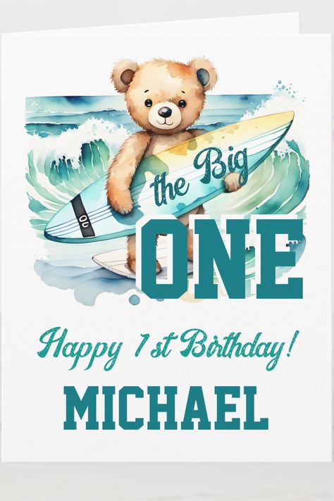 The big one surfing birthday party teddy surfboard card Surfing Birthday Party, Toddler Birthday Party, Nautical Party, Cute Teddy Bear, The Big One, Cute Teddy, Surf Board, Toddler Birthday, Cute Teddy Bears