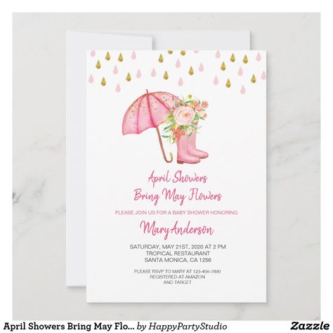 April Showers Bring May Flowers Baby Shower Invitation April Baby Shower, April Showers Bring May Flowers, Paper Types, Baby Shower Flowers, Spring Party, Flower Invitation, Colored Envelopes, April Showers, Pink Baby Shower