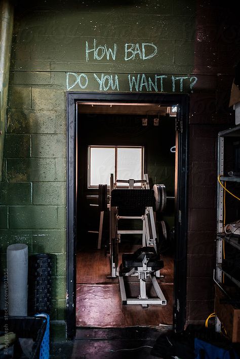 'How bad do you want it?' written in chalk over a door in a gritty gym. by Riley J.B. for Stocksy United Dark Gym Asethic, Old Gym Aesthetic, Gym Asethic Men, Gym Asethic Wallpaper, Weight Room Aesthetic, Gym Owner Aesthetic, Grunge Gym Aesthetic, Retro Gym Aesthetic, Gym Grind Aesthetic