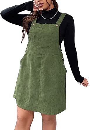 WDIRARA Women's Plus Size Corduroy Overalls Sleeveless Solid Pinafore Dress with Pocket Green Corduroy Overall Dress, Plus Size Corduroy Skirt Outfit, Outfits Con Jumper, Plus Size School Outfits, Green Jumper Outfit, Green Denim Dress, Plus Size Pinafore, Green Overall Dress, Corduroy Dress Outfit