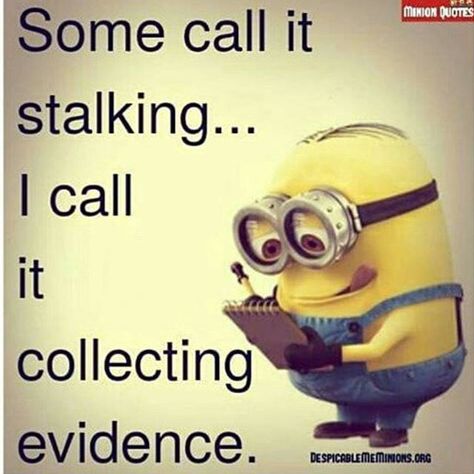 Some Call It Stalking, I Call It Collecting Evidence Minions Humor, Funny Minion Quotes, Minion Quotes, Memes Humor, Minions Funny, Facebook Image, Real Women, Minion, Funny Memes