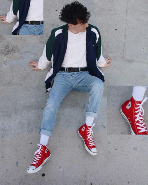 Red All Star Outfit, Red Converse Outfit Men, All Star Outfit Men, Converse Red Outfit, Van High Tops Outfit, All Star Outfit, Red Converse Outfit, Retro Ootd, Converse Outfit