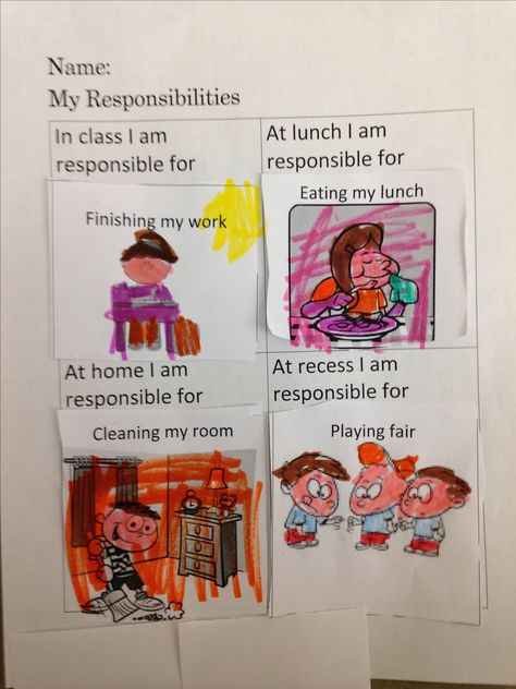 Lesson 1 in responsibility unit- match the responsibility with the environment. Contact me for lesson plans and worksheets. -Samara School counseling - guidance lessons Kindergarten Responsibility Lesson, Responsibility Lessons, Teaching Responsibility, School Counseling Lessons, Kindergarten Social Studies, Guidance Lessons, Counseling Lessons, Elementary Counseling, Elementary School Counseling