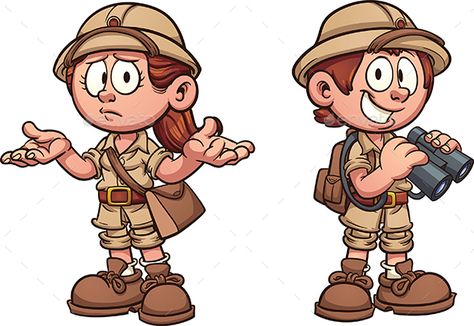 Explorer kids in safari outfits. Vector clip art cartoon illustration with simple gradients. Each on a separate layer. EPS10 file Safari Character Design, Explorer Illustration Character, Explorer Illustration, Explorer Cartoon, Safari Illustration, Boy Cartoon Characters, Desenho Tom E Jerry, Safari Kids, Safari Outfits