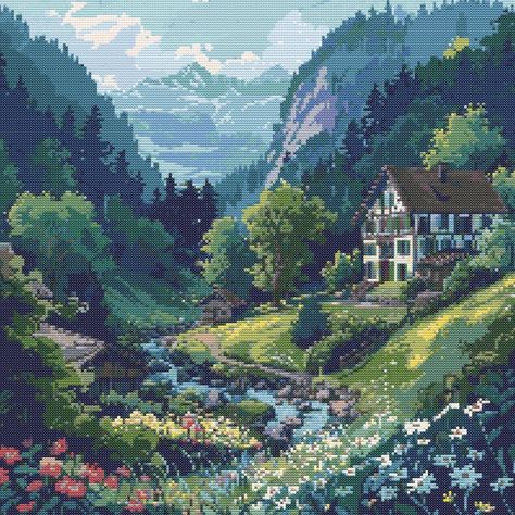 Black Forest, Germany, Scene 5 cross-stitch pattern digital download, printable PDF (colored and uncolored versions), 200 x 200, complete with list of needed cross-stitch floss/thread. Flower Cross Stitch Patterns, Large Cross Stitch Patterns, Black Forest Germany, Pixel Art Landscape, Cross Stitch Floss, Fairytale Cottage, Cross Stitch Landscape, Desert Flowers, Cross Stitch Pictures